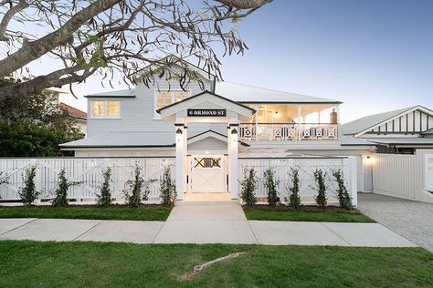 sensational renovation of a 1920s-era Queenslander home in Ascot Queenslander Homes, Queenslander Fence Ideas, House With Garage In Front Design, Queenslander Facade, Queenslander Renovation Exterior, White Queenslander, Queensland Homes, Traditional Queenslander Homes, Traditional Queenslander