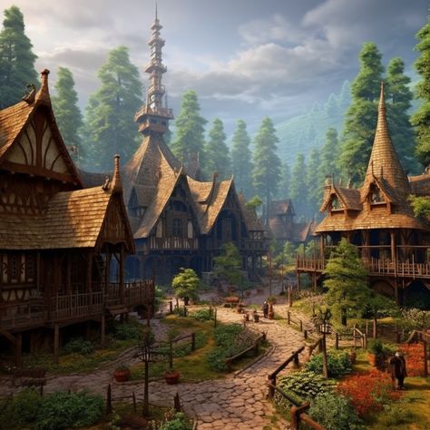 Elven Town Fantasy Art, Kingdom In The Forest, Forest Town Fantasy Art, Medieval Fantasy Town Concept Art, Fantasy Elf Village, Medieval Forest Village, Forest Village Concept Art, Feywild City, Fantasy Highlands