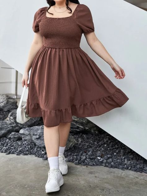 SHEIN EZwear Plus Puff Sleeve Ruffle Hem Dress | SHEIN USA Dress For Chubby, Plus Size Short Dresses, Chubby Fashion, Look Plus Size, Modest Clothing, Ruffle Hem Dress, Plus Size Kleidung, Mode Inspo, Curvy Outfits