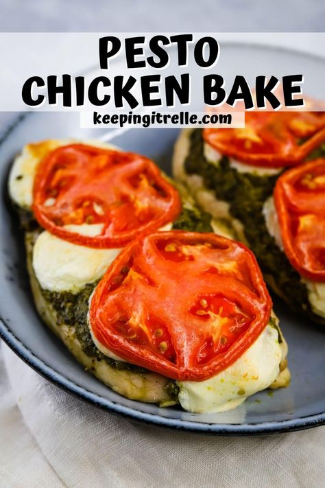 Pesto Chicken In Air Fryer, Pesto Chicken Air Fryer Recipes, Air Fryer Pesto Chicken Breast, Air Fryer Chicken Pesto, Pesto Chicken Bake, Grape Tomato Recipes, Pesto Chicken Breast, Pesto Mozzarella Chicken, Chicken Bake Recipe