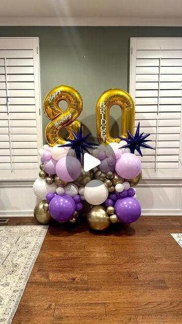 Victoria Dzierza on Instagram: "💜✨ 80th Birthday Columns ✨💜  ✨ Another great example of a pick up option. These balloon columns can both fit in the back of an empty SUV with the seats down. If I’m booked and unable to install on your date there are still many other options available. Pick up balloons also eliminate delivery and install fees keeping the cost down 😎 To order or learn more check out my website linked in bio.  * Empty SUV means empty and yes that means no car seats 😉 * Want to learn how to make these columns? Then  head on over to my subscription page. A column and many other tutorials available for all subscribers.  . . . . . #ballooncolumns #grabandgoballoons #balloonstylist #buckscountyballoons #balloonsbyvictoria #montcoballoons" 80th Birthday Balloon Bouquet, Balloon Column With Numbers, Numbers Filled With Balloons, 40 Balloon Mosaic, Number Column Balloons, 30th Birthday Balloons, Column Ideas, Up Balloons, Balloon Arrangements