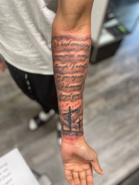 Guy Forarm Tattoos, Upper Arm Memorial Tattoo Men, Bible Verse Quarter Sleeve Tattoo, God Arm Tattoos For Guys, Men Memorial Tattoo Ideas, Forearm Tattoos Men Family, Memorial Arm Tattoo Men, My Family Is My Strength Tattoo, Long Live Tattoos For Men Forearm