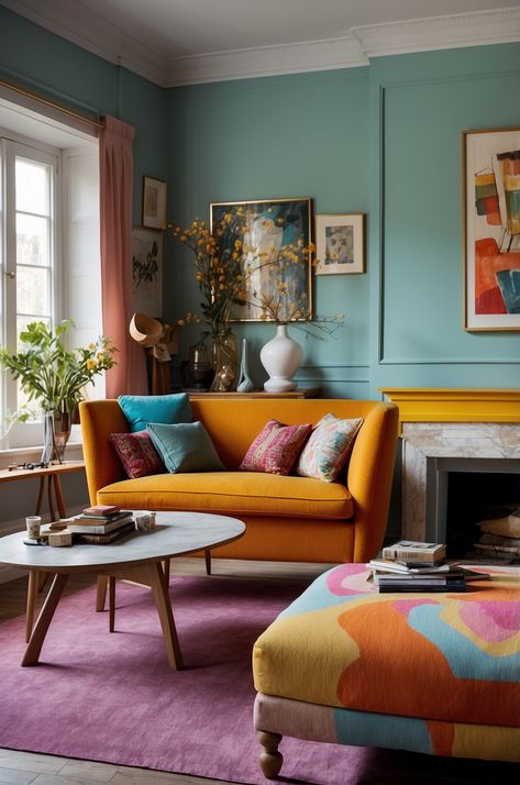 Living Room Inspiration Modern Comfy, Plush Interior Design, Bright Sofa Living Room, Yellow Chairs Living Room, Modern Pastel Living Room, 60s Inspired Living Room, Burnt Orange Couch Living Room Ideas, Colourful Homes, Colourful House