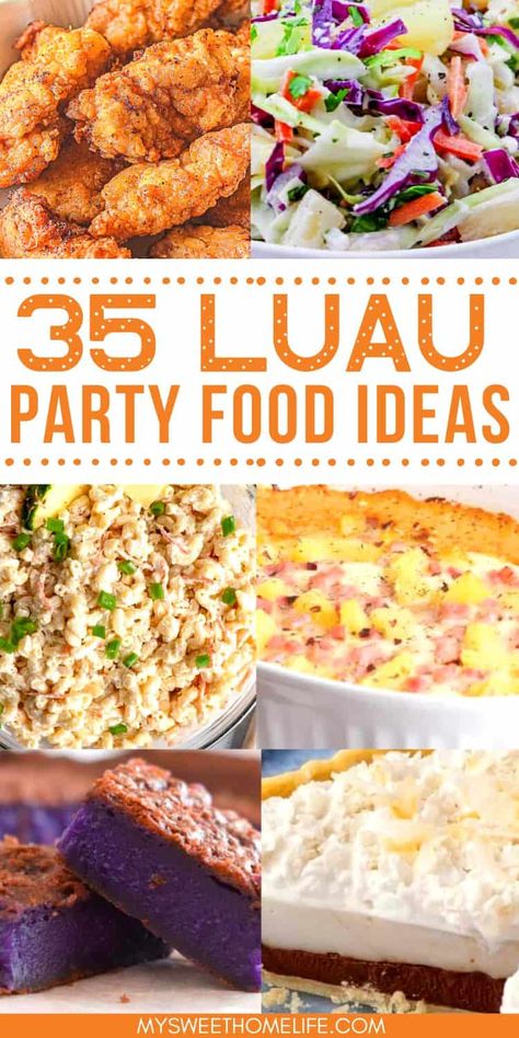 Planning a luau party? Then check out these luau party food recipes. There's appetizers and entrees, sides, mains and of course, dessert! Hawaiian party food. Hawaiian recipes. Tropical Theme Party Food Ideas, Tiki Bar Food Ideas, Easy Hawaiian Potluck Dishes, Hawian Food Party Ideas, Hawaiian Food Party Appetizers, Tiki Party Recipes, Backyard Luau Party Ideas Food, Hawaiian Lunch Ideas, Polynesian Party Food