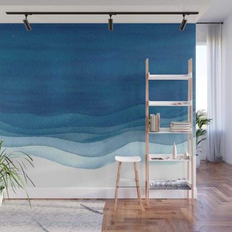 Waves Wall Mural, Ocean Mural, Beach Wall Murals, Beach Mural, Wall Murals Diy, Ocean Room, Ombre Wall, Minimal Painting, Deep Turquoise