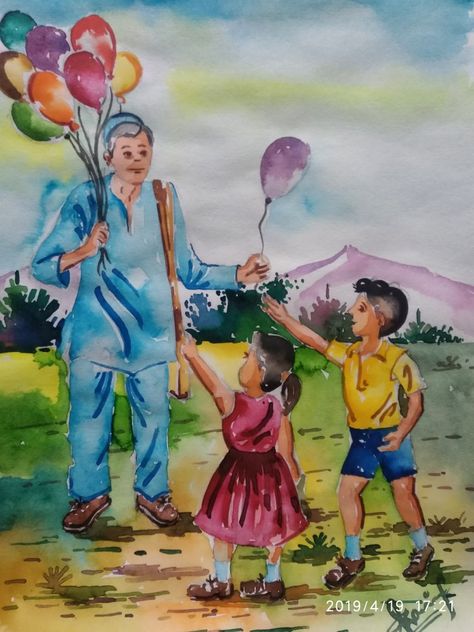 Ballon Seller Memory Drawing, Balloon Man Drawing, Human Figure Composition Painting Easy, Balloon Seller Drawing, Exam Painting, Exam Drawing, Balloon Seller, Memory Drawing, Colour Composition