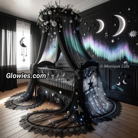 Gothic Crib, Witchy Mobile, Goth Kids Room, Witchy Baby Nursery, Baby Themes Rooms, Goth Baby Room, Goth Nursery Ideas, Kids Dream Room, Witch Nursery