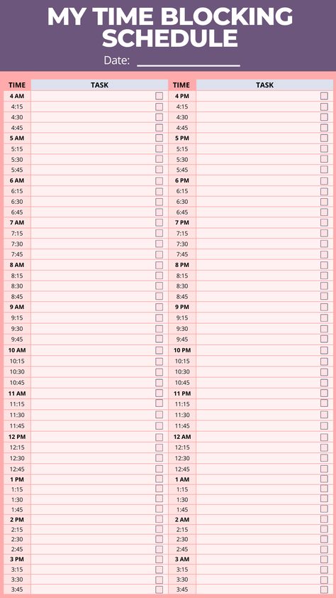 Grab the Kawaii Daily Planner Template to schedule your daily to-do list. Get the printable PDF now. (15-minute intervals /24-hours) Use it for studying or time blocking your work 💜 Work Timetable Template, 15 Minute Planner, Time Block Daily Planner, Block Time Schedule, Time Blocking Planner Free Printable, Hourly Study Planner Printable, Time Planner Ideas, Daily Block Schedule Printable, Schedule Planner Templates