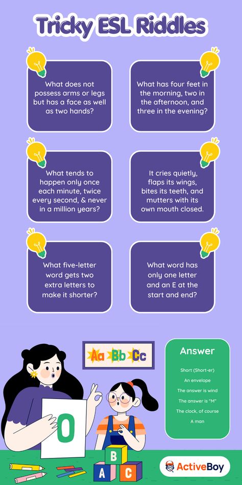 Tricky ESL Riddles English Riddles, It Cover, Tricky Riddles, Riddles To Solve, Conceptual Understanding, Speaking Activities, Language Proficiency, Best Mysteries, Fun Challenges