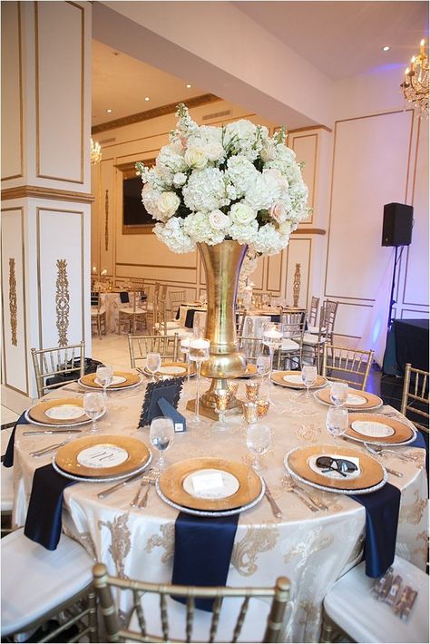 Blue Ivory And Gold Wedding, White Wedding Table Decorations, Ivory Wedding Decorations, White And Gold Wedding Themes, Ivory Wedding Decor, Ivory And Gold Wedding, Gold Ivory Wedding, Gold White Wedding, Navy Blue Wedding Theme