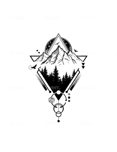 mountain geometric tattoo design Geometric Elements Tattoo, Geometric Tattoo Triangle, Compass With Mountains Tattoo, Mountain Geometric Tattoo, Polygon Tattoo, Mountains Tattoo Design, Vertical Tattoo Design, Geometric Nature Tattoo, Concept Tattoo Design