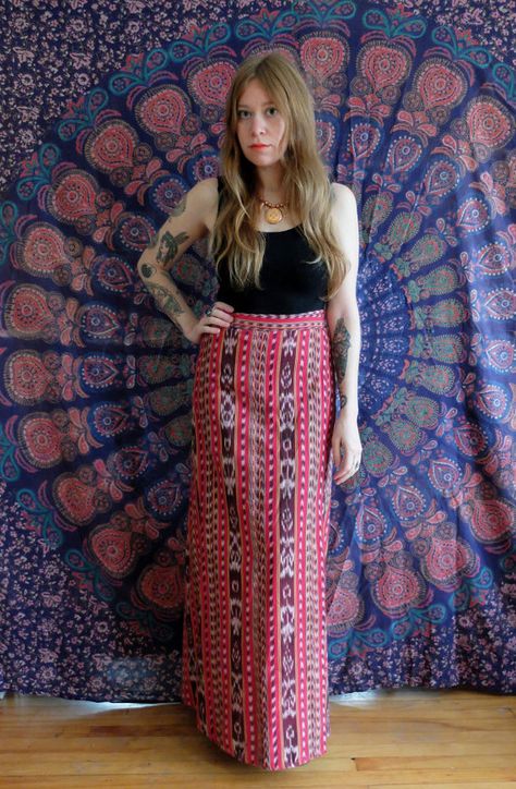 Vintage 1970s Red Ikat Ethnic Maxi Wrap skirt by SweeetLeafVintage Shadi Dress, Ikat Skirt, Maxi Wrap Skirt, Shadi Dresses, Designer Skirts, Wrap Maxi Skirt, Wrap Around Skirt, Skirt Design, Kimonos