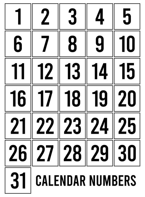 Calendar Numbers 1-31, Free Numbers 1-20 Printables, Page Number Design, Calendar For Classroom, Printable Calendar Numbers, Creative Writing Topics, Printable December Calendar, Calender Printables, Letter Matching Activities