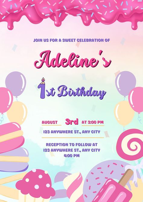 Candy Invitations, Sweet 16 Party Invitations, Virtual Invitations, Birthday Invitation Card Template, Candy Birthday, Birthday Invitation Card, Elegant Birthday Party, Pastel Candy, Birthday Candy