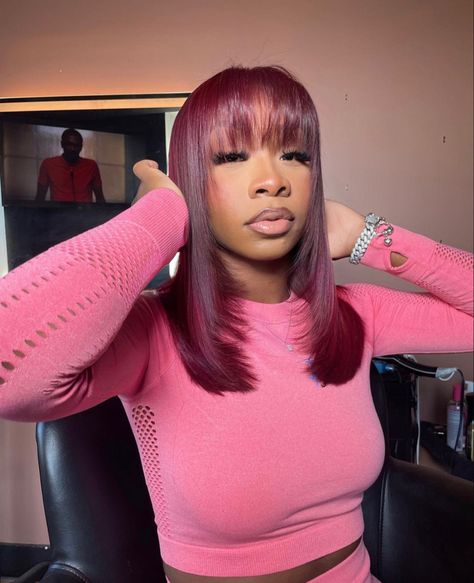 Short Sew In With Bangs, Quick Weave Bang Hairstyles, Hair Dye Color Ideas, Burgandy Hair, Hairstyle 2023, Frontal Wig Hairstyles, Burgundy Hair, Dope Hairstyles, Lace Hair