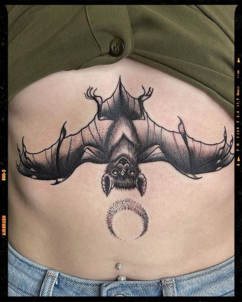 Bat Tattoo 🦇 Bat Tattoo On Ribs, Bat Ribcage Tattoo, Bat Chest Tattoo Female, Bat Underboob Tattoo, Upside Down Bat Tattoo, Hanging Bat Tattoo, Vampire Bat Tattoo, Tummy Tattoo, Underboob Tattoo Designs