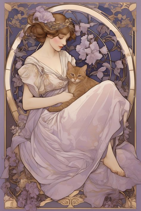 Elegarta Design - Art nouveau - Mucha Inspired Art - Girl with a cat Mucha Posters Art Nouveau, Mucha Inspired Art, Alphonse Mucha Poster, Mucha Art Nouveau Illustrations, Art Nouveau 1900, Art Noveau Women, Art Nouveau Fanart, Art Nouveau Goddess, Art Nouveau Style Illustration