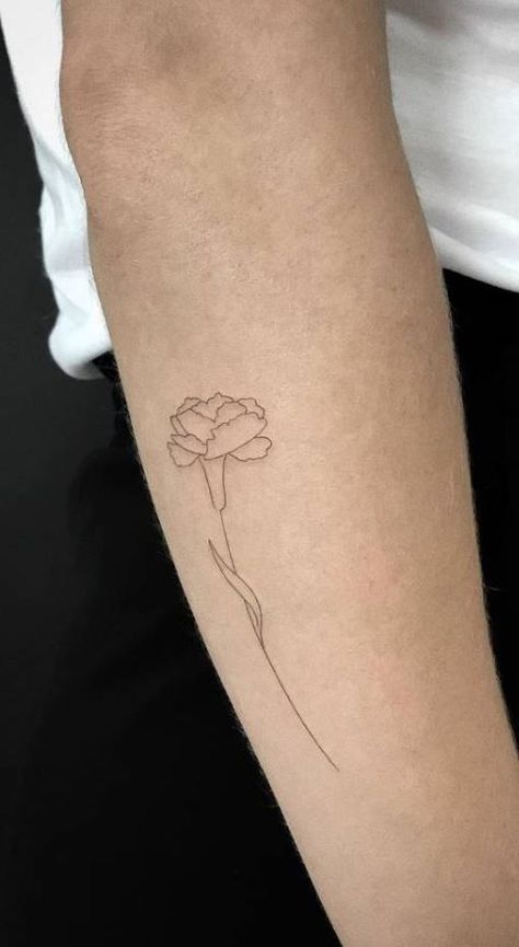 Fine Line Tattoo Carnation, Carnations Flower Tattoo, Carnation Tattoo Ankle, Minimal Carnation Tattoo, Red Carnations Tattoo, One Line Carnation Tattoo, Simple Carnation Tattoo Outline, Carnation Wrist Tattoo, Carnation Flower Tattoo Simple