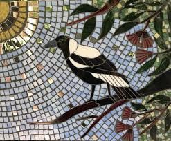 Magpie Mosaic, Shower Artwork, Bird Mosaics, Stick Artwork, Magpie Art, Mosaic Tiles Crafts, Mosaic Birdbath, Mosaic Stepping Stones, Mosaic Tile Designs