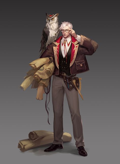 Researcher, Hanon on ArtStation at https://www.artstation.com/artwork/RnlvNA Dnd Character With Glasses, Dnd Researcher, Researcher Character, Fantasy Researcher, Npc Ideas, Office Men, Fantasy Heroes, Dnd Art, Character Reference