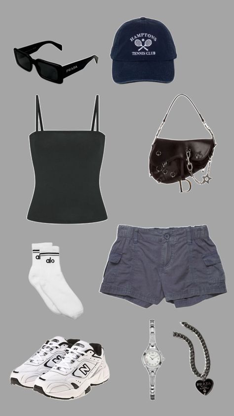 Navy cargo shorts paired with black tank and vintage accessories Black Cargo Shorts Outfit, Cargo Shorts Outfit, Black Cargo Shorts, Shorts Outfit, Black Cargo, Casual Summer Outfit, Black Tank, Vintage Accessories, Summer Outfit