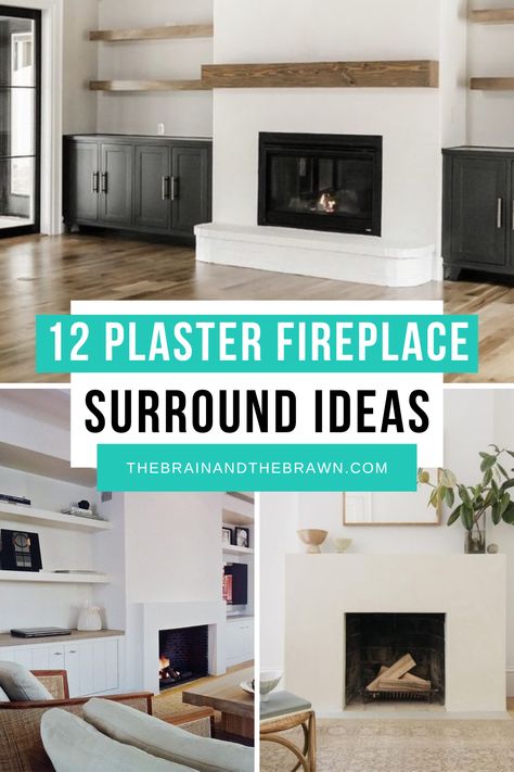 Plastered Fireplace Wall, Plastered Fireplace With Wood Mantel, Smooth Fireplace Surround, Fireplace With Drywall Surround, Built In Fireplace Ideas, White Plaster Fireplace With Wood Mantle, Plastering Over Stone Fireplace, Diy Drywall Fireplace, Venetian Plaster Fireplace With Built Ins