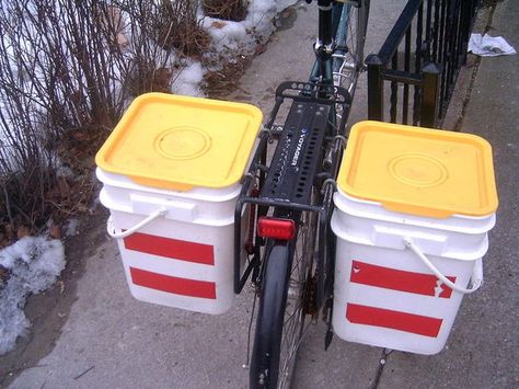 DIY Bike Panniers Bucket Ideas, Bicycle Panniers, Bike Panniers, Kitty Litter, Bike Camping, Cargo Bike, Emergency Prepping, Reflective Tape, Bike Bag