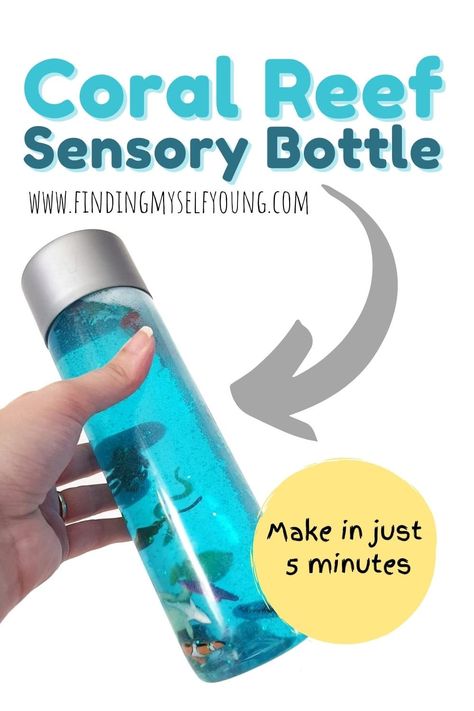 How to make a Coral Reef Sensory Bottle | Finding Myself Young Coral Reef Crafts Preschool, Coral Reef Craft Preschool, Coral Reef Craft, Coral Reef Animals, January Themes, Ocean Sensory, Calm Down Bottle, Discovery Bottles, Sensory Bottle