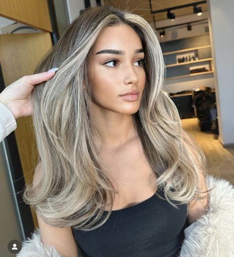 Very Blonde Highlights On Brown Hair, Full Foil Balayage, Hair Colour Ideas For Pale Skin Brown Eyes, Blonde Hair Dark Brown Eyes, Brown Ashy Highlights, Ash Blonde Balayage On Dark Hair With Money Piece, Ashy Honey Blonde Hair, Ash Blonde Full Head Highlights, Grey Tone Hair