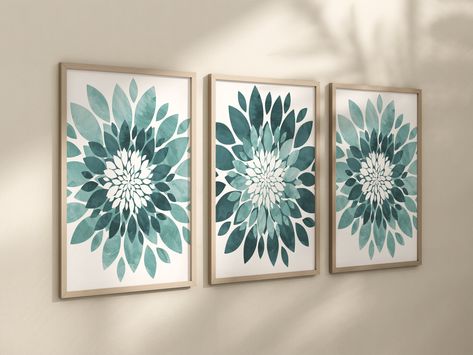 Bedroom Flower Decor, Green Flower Wall, Flower Art Prints, Blue Flower Art, Blue Bathroom Decor, Bathroom Artwork, Flower Bedroom, Wall Art Green, Mdf Frame