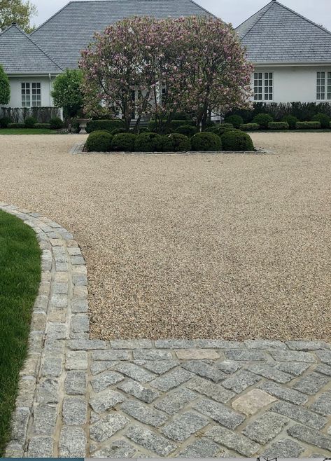 Driveway Landscaping Gravel, Country Cottage Driveway, Front Drive Landscaping, Motorcourt Driveways, Gravel In Front Of House, Pea Gravel Circular Driveway, Cotswold Chippings Driveway, Large Gravel Driveway, Drive Paving Ideas