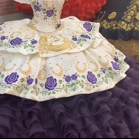 Purple Charro Quinceanera Dresses, Dark Purple Quinceanera Theme, Charo Quinceanera Dresses, White Quince Dress, Purple Quinceanera Theme, Charro Dress, Quince Makeup, Quince Planning, Vestido Charro