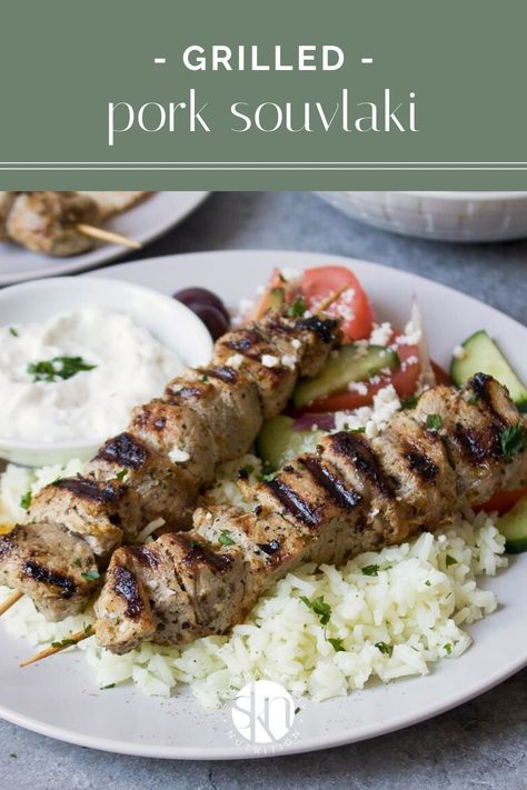 Tossed in a simple souvlaki marinade, these Greek pork souvlaki skewers are easy to make and packed full of Mediterranean flavor. Pork Souvlaki Marinade, Meal Prep Protein, Souvlaki Skewers, Souvlaki Marinade, Pork Souvlaki, Greek Pork, Kay Nutrition, 30 Minute Meals Healthy, Mediterranean Foods