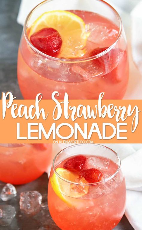 Strawberry Lemonade Recipe, Homemade Lemonade Recipes, Peach Strawberry, Peach Lemonade, Drink Recipes Nonalcoholic, Summertime Drinks, Summer Drink Recipes, Lemonade Drinks, Refreshing Drinks Recipes