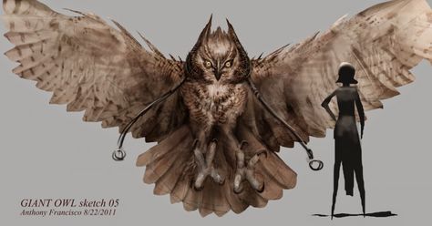 Giant Owl Fantasy Art, Owl Fantasy Art, Owl Character Design, Fantasy Giant, Wyvern Art, Monsters Drawing, Giant Owl, Owl Character, Mouse Guard