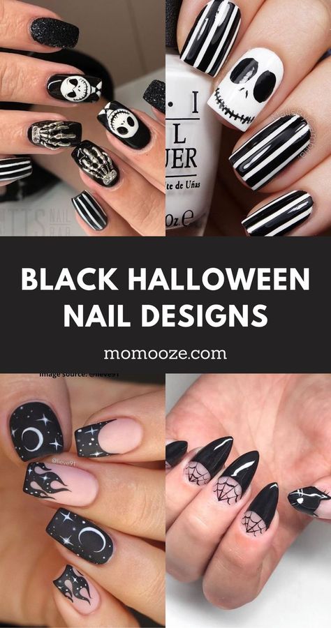 Halloween Nails 2023 Black, Black And White Halloween Nails Easy, Halloween Nail Gel Designs, Halloween Skeleton Nail Designs, Black Matte Nails Halloween, Easy Black Halloween Nails, Black And White Halloween Nail Designs, White And Black Halloween Nails, October Almond Nails Ideas