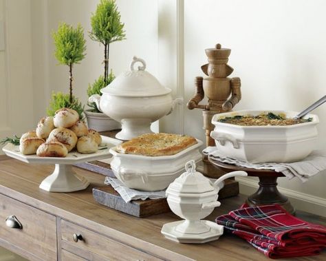 From the Paris Flea Market to Williams-Sonoma. All White serving dishes on cake stands or wood. White Serving Dishes, White Pitchers, Thanksgiving Hostess, Event Decorating, Paris Flea Markets, Turkey Time, Soft Foods, Styling A Buffet, Buffet Display