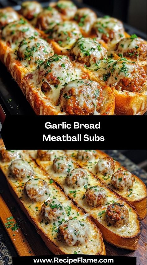 Garlic bread meatball subs have become a family favorite. The combination of garlicky bread, tender meatballs, and gooey cheese is a perfect, satisfying meal that everyone devours. Meatball Subs With Hawaiian Rolls, Sides For Meatball Subs, Meatball Garlic Bread, Meatball Sub Recipes, Meatball Subs Recipes, Meatball Dinners, Garlic Bread Meatball, Baked Meatball Subs, Meatball Parmigiana