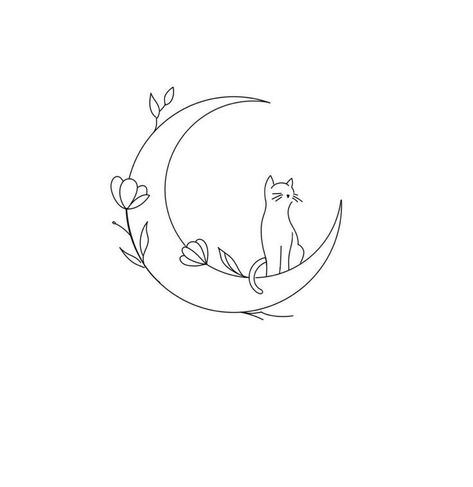 Cat On The Moon Tattoo, Line Art Cat Tattoo, Moon Cat Tattoo, Cat Moon Tattoo, Cat And Moon Tattoo, Neck Tattoo Women, Best Friends Tattoo, Tattoo Back Tattoo, Simple Cat Tattoo