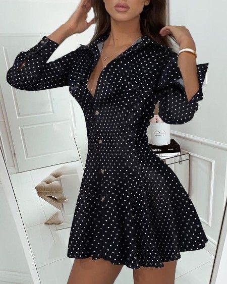 Dot Print Pleated Skater Dress Polka Dot Dress Vintage, Pleated Skater Dress, Polka Dot Shirt Dress, Robes Glamour, Robes D'occasion, Elegant Mini Dress, Short Dresses Casual, Polka Dress, Vestido Casual