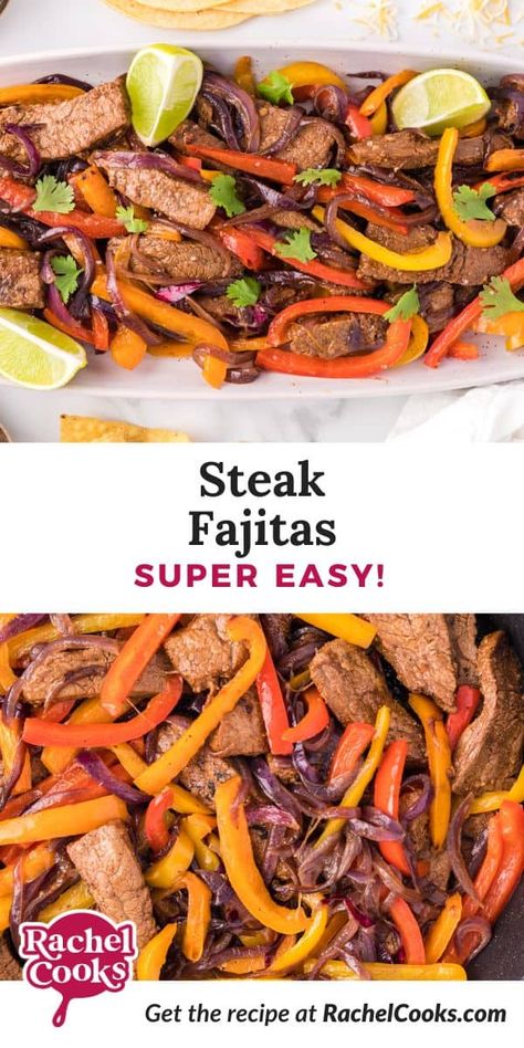 Steak fajitas are an easy dinner recipe made with marinated flank steak pan-fried with bell peppers and onions, served over warm tortillas. Flank Steak Wraps, Steak Fajitas Sheet Pan, Steak Fajitas Crockpot, How To Make Fajitas, Fajitas Steak, Sheet Pan Steak Fajitas, Steak Fajita Marinade, Steak Fajitas Recipe, Crockpot Fajitas