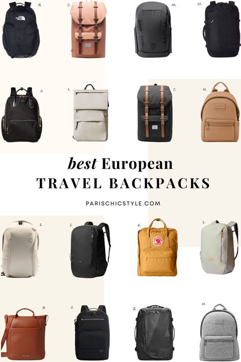 Best European travel backpack Everlane, Bellroy, Peak Design, Tumi, Nomatic, Herschel Supply Co., Fjallraven, Cole Haan, Pacsafe, The North Face, Dagne Dover Dakota, Away Travel F.A.R Convertible Backpack stylish digital nomad backpack for Europe. Paris Chic Style. Fashionable backpack that opens like a suitcase, Water resistant backpack.  #besteuropeantravelpackpack #parisbackpack #digitalnomadbackpack Digital Nomad Backpack for Paris #fashion #travel #paris #nomadbackpack #bellroybackpack Paris Backpack Style, Everlane Backpack Woman, Travel Bagpack For Women, Cute Travel Backpacks For Women, Best Backpack For Europe Travel, Backpacks For Traveling, Traveling Backpack For Women, Travel Aesthetic Backpack, Tumi Backpack Women Outfit