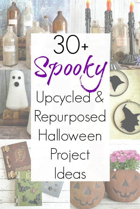 Halloween and upcycling are a match made in DIY heaven - and this collection of repurposed projects for Halloween decor that Sadie Seasongoods compiled is CHOCK FULL of spooky inspiration. Get all the DIY inspiration you need for spooky and scary Halloween decorations at www.sadieseasongoods.com . #halloweendecor #halloweendecorations #halloweencrafts #halloweendecorationideas #diyhalloween #diyhalloweendecorations #thriftstorefinds #spooky #spookyseason #halloweencraftsdiydecorations Diy Halloween Decorations Upcycle, Diy Free Halloween Decorations, Diy Spooky Decor Outdoor, Free Diy Halloween Decorations, Repurpose Halloween Decor, Halloween Decor To Make And Sell, Diy Recycled Halloween Decorations, Upcycled Halloween Decor, Diy Halloween Decor To Sell