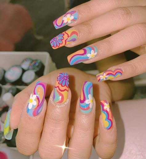 Nail Design Glitter, Hippie Nails, Cute Acrylic Nail Designs, Her Nails, Crazy Nails, Short Acrylic Nails Designs, Rainbow Nails, Dream Nails, Fire Nails