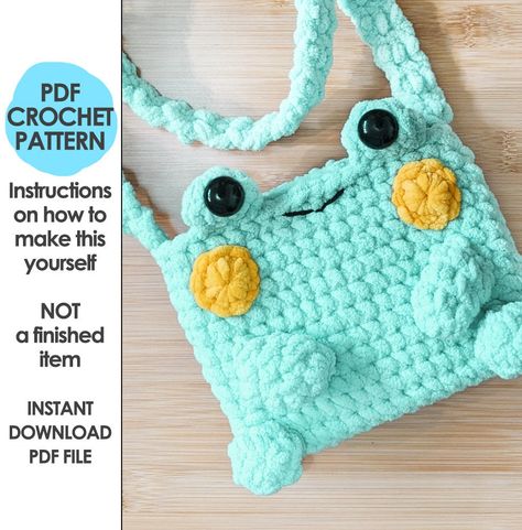 "This is a crochet pattern PDF, not a finished item. This crochet pattern is perfect for crafting a fun and unique froggy phone bag! The easily easily modifiable pattern ensures the perfect fit for any phone size, plus it has a pocket for cards, so no wallet needed. Get creative with changing the facial features and colors to make a totally one-of-a-kind froggy, then finish it off with a chunky button flap. >> Pattern level: Advanced beginner. Must be comfortable working in the round and sewing Frog Purse Crochet, Crochet Bag With Pockets, Small Crochet Purse Pattern Free, Things To Crochet With Chunky Yarn, Phone Bag Crochet Pattern, Phone Bag Crochet, Crochet Pattern Instructions, Bag Crochet Pattern, Crochet Kids Hats