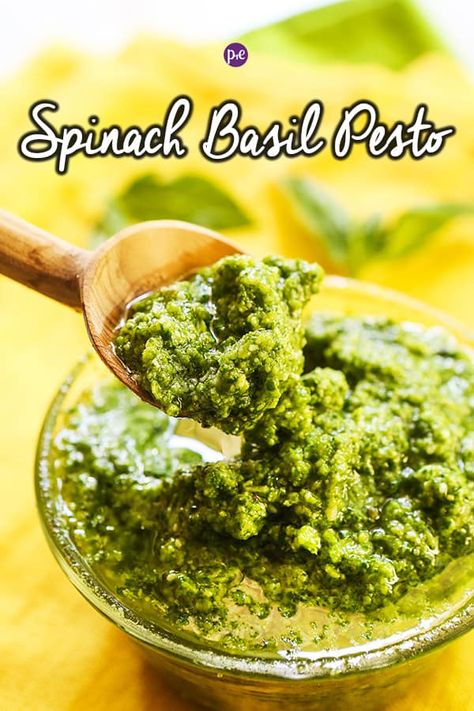 Spinach Basil Pesto, Homemade Basil Pesto, Pesto Sauce Recipe, Pine Nut Recipes, Basil Pesto Sauce, Homemade Pesto Sauce, Basil Pesto Recipes, Creamy Salad Dressing, Pistachio Pesto