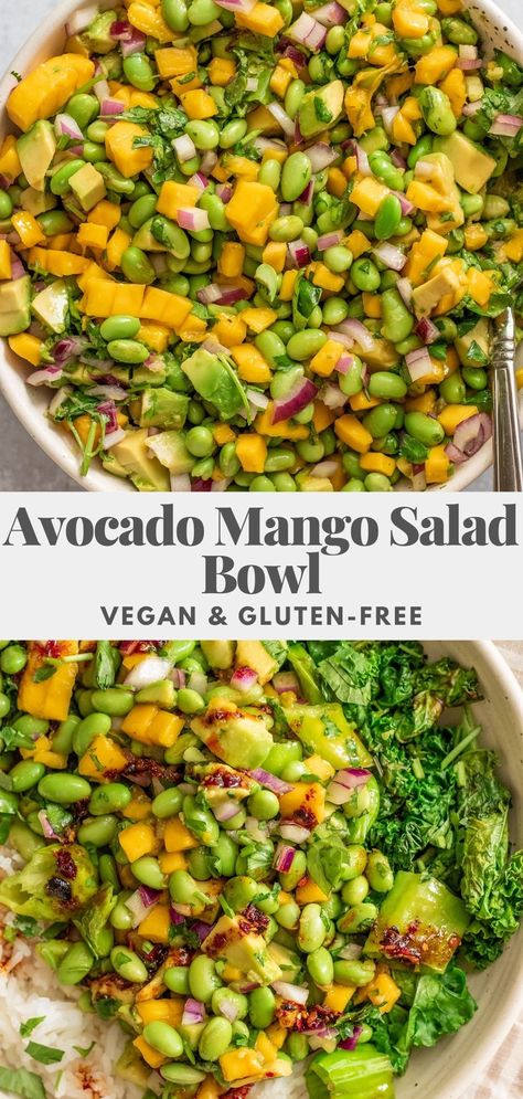 This avocado mango salad bowl combines fresh mango, avocado, and edamame with flavorful chili oil. Perfect to enjoy as a snack or an easy vegetarian dinner. Mango Edamame Salad, Mango Chickpea Salad, Vegan Mango Salad, Mango Avocado Salad Recipe, Raw Bowls, Mango Salad Recipes, Mango Dinner, Avocado Mango Salad, Avocado Bowl