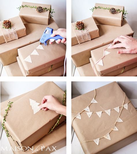 Great gift wrap ideas!  Simple, natural, and gorgeous... via maisondepax.com #hoilday #Christmas #present Gift Wrap Ideas, Affordable Christmas Gifts, Gift Wrapping Techniques, Wrapping Presents, Packing Ideas, Gift Wrapping Inspiration, How To Wrap, Gifts Wrapping Diy, Brown Paper Packages