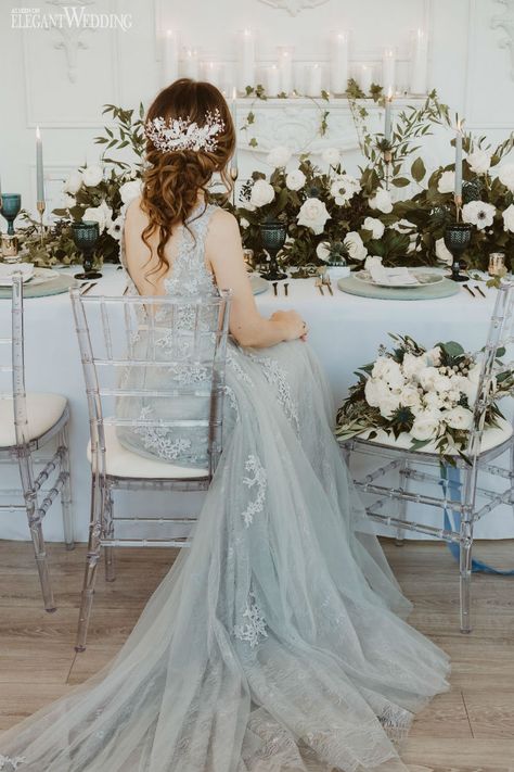 Blue Tint Wedding Dress, Winter Blue Wedding Dress, Dusty Blue Wedding Gown, Dusty Blue Wedding Dress Gowns, Blue Winter Wedding Dress, Dusty Blue And Gray Wedding Theme, Light Blue Wedding Dresses, Blue Boho Wedding Dress, Light Blue Winter Wedding