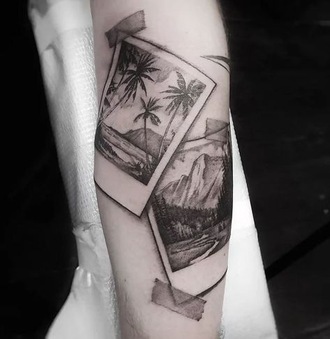 Wanderlust Polaroid Tattoo #vacationmode #beachtattoo #beach #mountains #polaroid #travel #wanderlust Polaroid Tattoo, Niece Tattoo, Nova Tattoo, Island Tattoo, Map Tattoos, Wicked Tattoos, Wrist Tattoos For Guys, Beach Tattoo, Tattoo Project